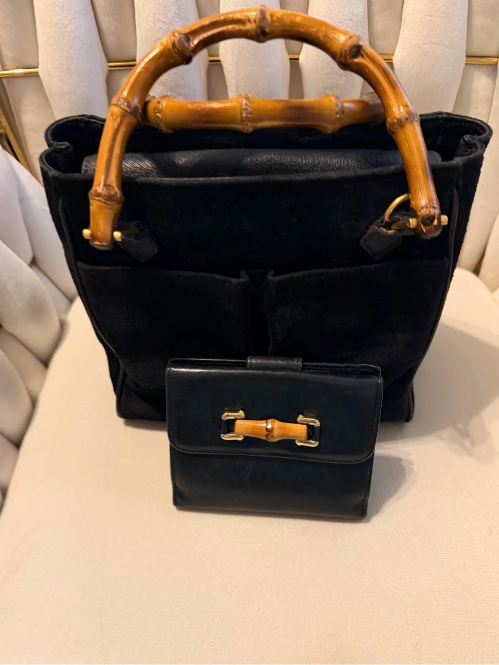 Gucci Black Suede Handbag with Bamboo Handles